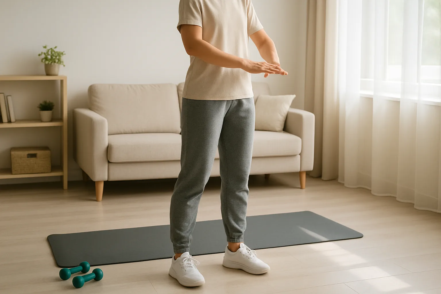Une personne s’échauffe doucement debout près d’un tapis dans un salon lumineux.