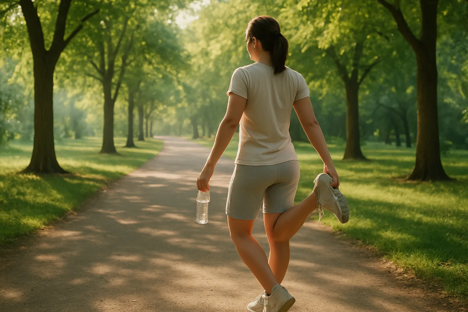 Une personne marche à un rythme tranquille sur un sentier ombragé par une matinée chaude.
