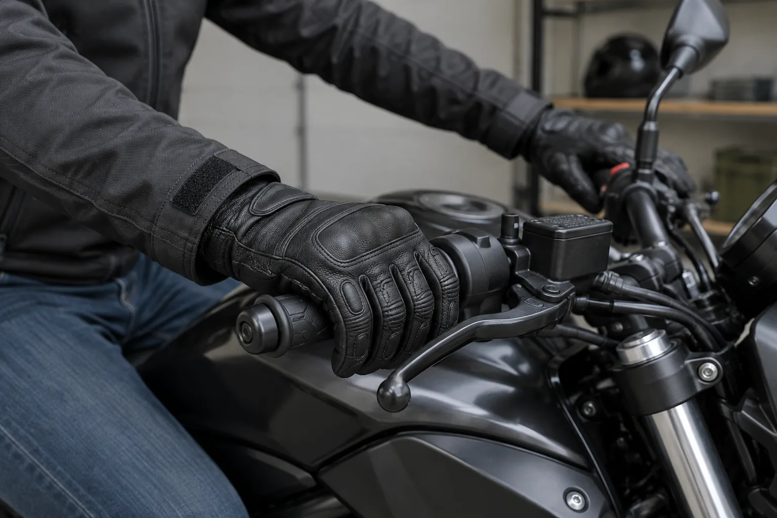 Un motard vérifie l’ajustement de ses gants en tenant le guidon.