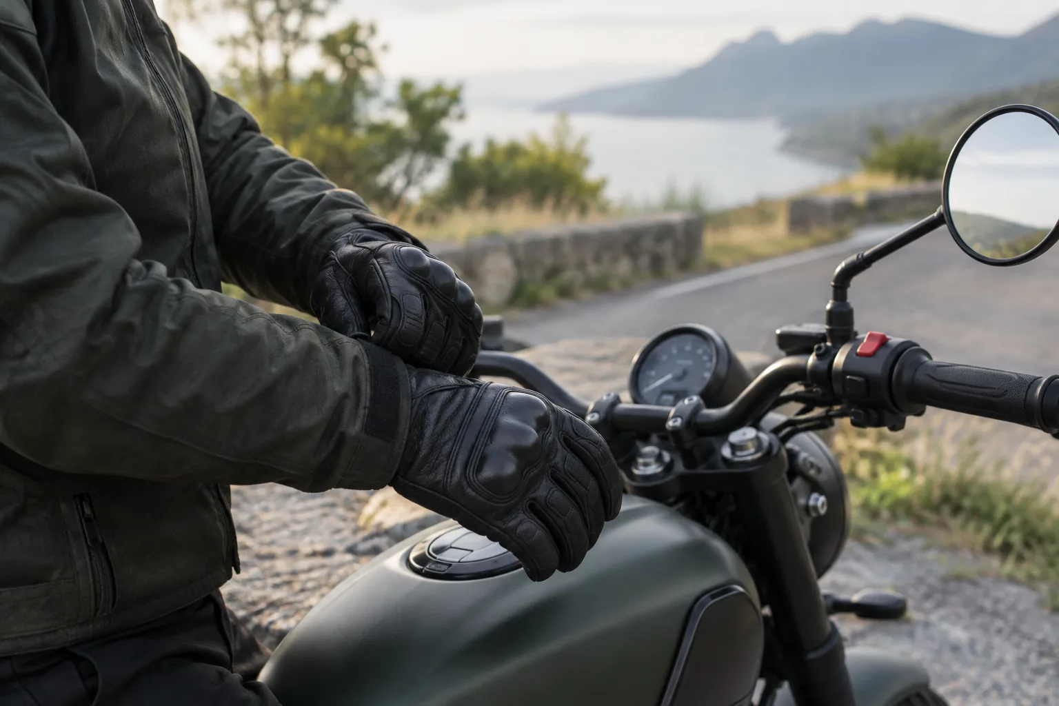 Mains gantées posées sur le guidon d’une moto avant une sortie.