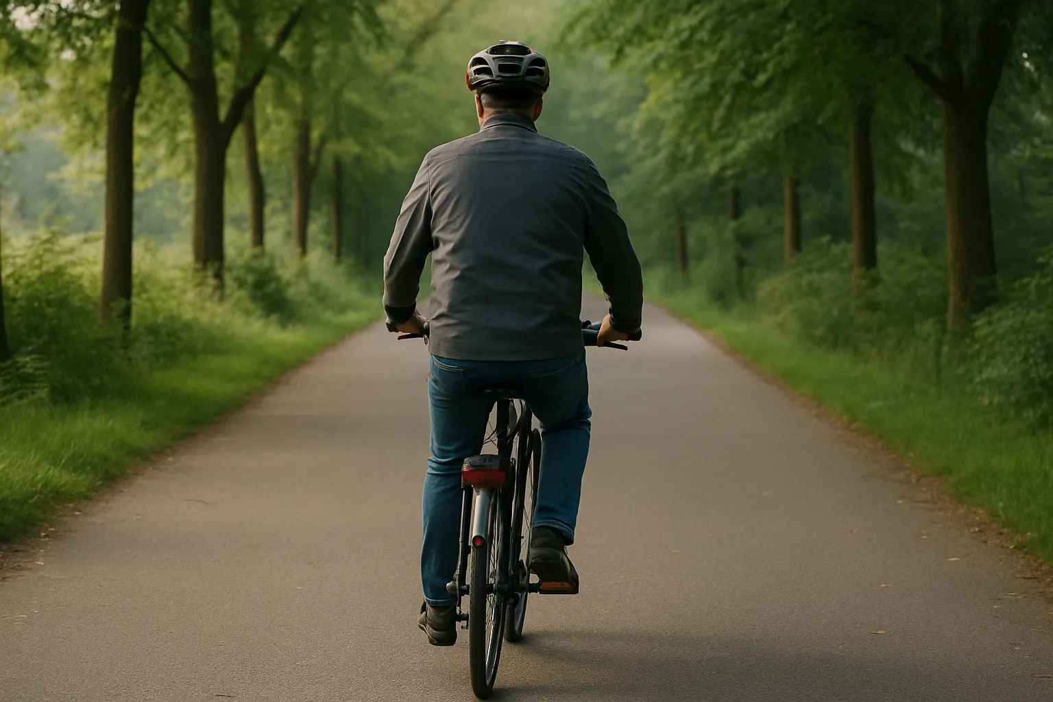 Une personne roule à vélo sur une piste calme bordée d’arbres.